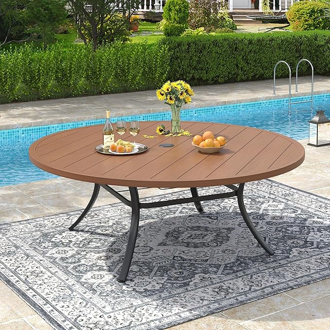 VICLLAX 63" Outdoor Patio Dining Table for 8-10, Metal Round Table with Umbrella Hole for Deck Lawn Garden Backyard - Photo 7