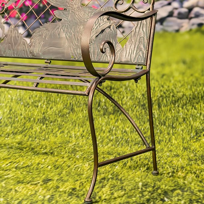 Classic Iron Garden Bench with Nature Scenery (Caribou Backrest in Bronze)