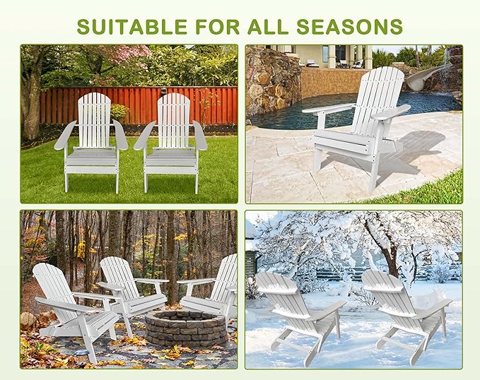 Foldable Adirondack Chairs - All-Weather Lawn & Patio Chairs with Wide Armrests, Solid Wood, 350 Lbs, White - Photo 7