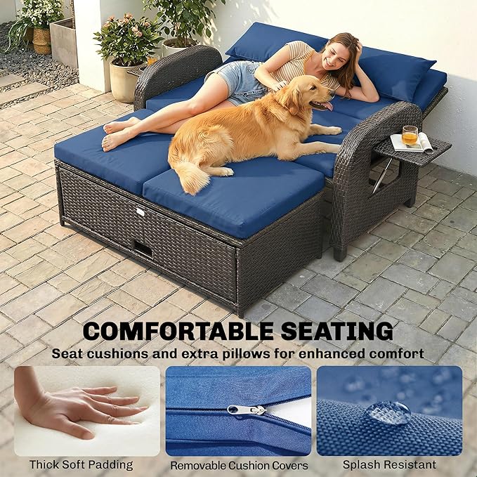 Outsunny Patio Rattan Daybed, Wicker Outdoor Daybed with Storage Ottoman, Loveseat Sofa with Adjustable Backrest, Side Tables, Cushions, Headrests, Double Sunbed Lounger for Balcony, Navy Blue