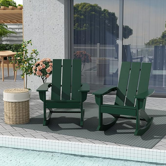 WestinTrends Ashore Patio Rocking Chairs Set of 2, All Weather Poly Lumber Plank Adirondack Rocker Chair, Modern Farmhouse Outdoor Rocking Chairs for Porch Garden Backyard and Indoor, Dark Green