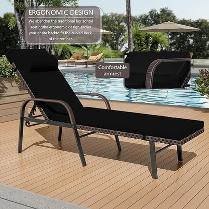 Patio Chaise Lounge Set 3 Pieces Outdoor Lounge Chair with Rattan Adjustable Backrest Armrest and Folding Table for Beach Patio,Sand, for Poolside Backyard Porch
