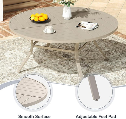 VICLLAX 60" Round Patio Dining Table for 8-10, All Weather Metal Outdoor Table with 1.57" Umbrella Hole and Surdy Frame for Garden Lawn Deck, Sandshell