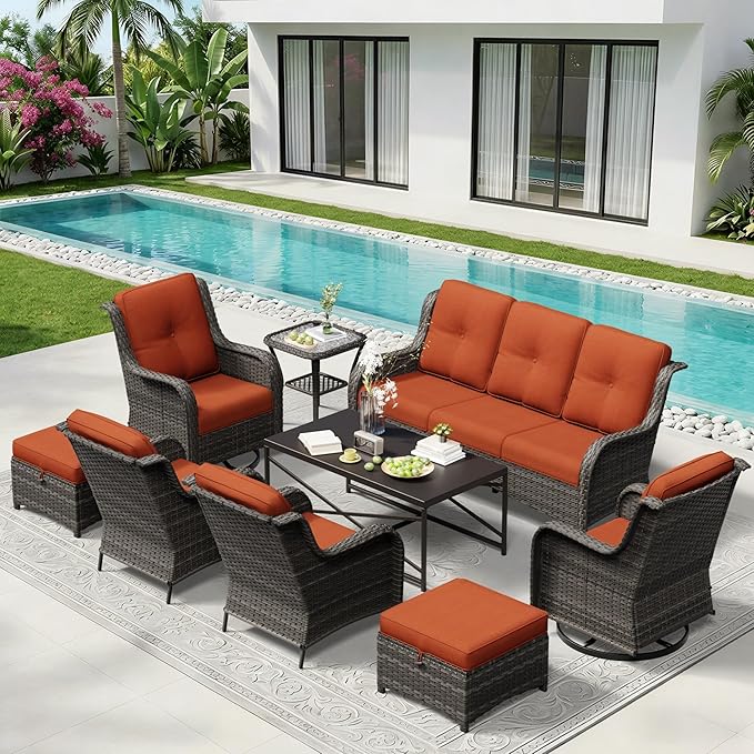 9 Piece Outdoor Wicker Patio Furniture Set, Patio Chairs Set with Thickened Olefin Cushions, High Back and Deep Seating - Photo 9