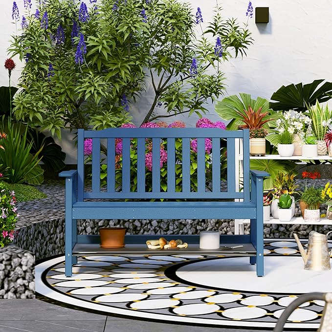 Anbuy Outdoor Bench Weatherproof, 2-Person Adjustable Height Patio Bench with 660lbs Weight Capacity, Garden Potting Bench Never Rot and Fade, Comfort for Porch, Patio, Backyard and Park (Blue)