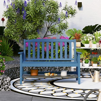 Anbuy Outdoor Bench Weatherproof, 2-Person Adjustable Height Patio Bench with 660lbs Weight Capacity, Garden Potting Bench Never Rot and Fade, Comfort for Porch, Patio, Backyard and Park (Blue)
