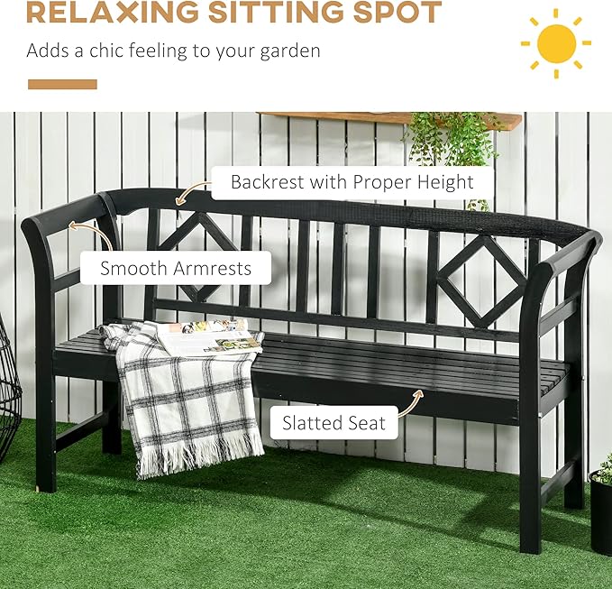 Outsunny Wooden Patio Bench, Outdoor Garden Bench with Backrest and Armrests, 3 Person Porch Bench with Rustic Country Diamond Pattern, Black