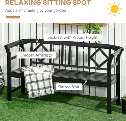 Outsunny Wooden Patio Bench, Outdoor Garden Bench with Backrest and Armrests, 3 Person Porch Bench with Rustic Country Diamond Pattern, Black