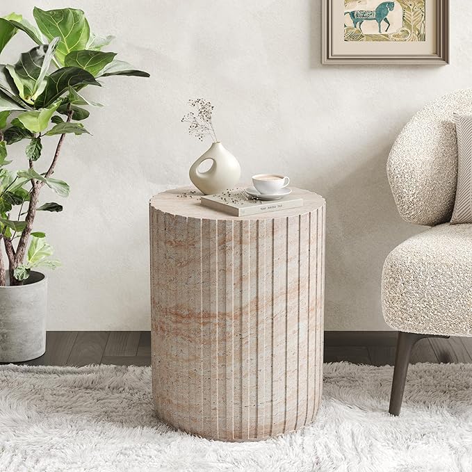 Christopher Knight Home Jaym 18.75" H Indoor Outdoor Accent Side Table, Patio Decorative End Table, Gear-Shaped Lightweight Concrete Garden Stool for Patio Balcony & Garden Decor, Travertine