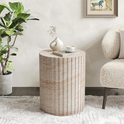 Christopher Knight Home Jaym 18.75" H Indoor Outdoor Accent Side Table, Patio Decorative End Table, Gear-Shaped Lightweight Concrete Garden Stool for Patio Balcony & Garden Decor, Travertine