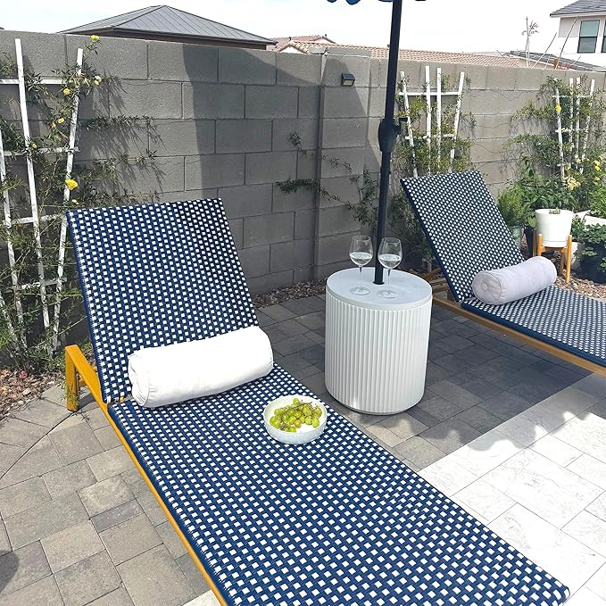 PURPLE LEAF Patio Chaise Lounge French Outdoor Lounger 1 Piece Wood-Grain Finish Aluminum Wicker Lounge Chair with Adjustable Backrest for Pool Garden Beach and Backyard White and Navy