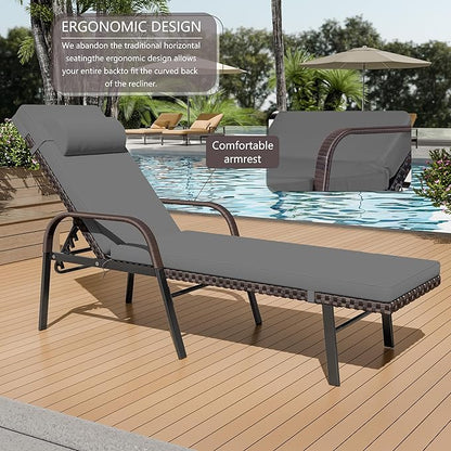 Patio Chaise Lounge Set 3 Pieces Outdoor Lounge Chair with Rattan Adjustable Backrest Armrest and Folding Table for Beach Patio,Sand, for Poolside Backyard Porch