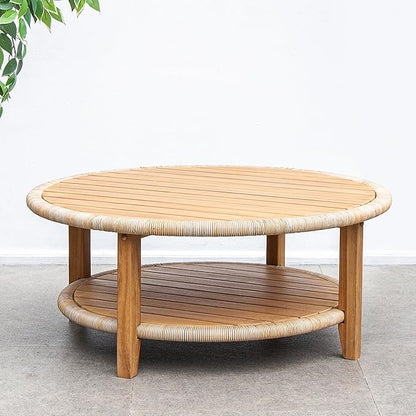 Cambridge Casual Seaside Wood Outdoor Coffee Table, Natural Teak/All-Weather Wicker