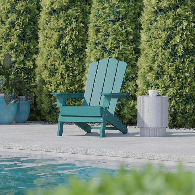 Flash Furniture Newport Adirondack Chair with Cup Holder, Weather Resistant Poly Resin Adirondack Chair, Blue