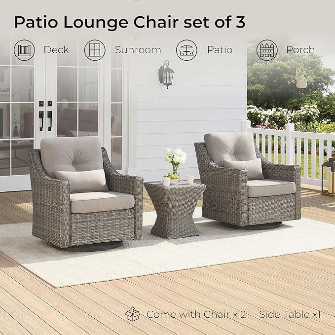 CHITA 3 Pieces Wicker Patio Bistro Set, Outdoor Furniture Set with 2 Pieces Rattan Rocking Swivel Chairs - Photo 9