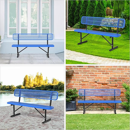 72" Metal Park Benches for Outside - Blue Outdoor Benches Heavy Duty Garden Weatherproof Bench with Backrest, Buddy Bench for Schools,Commercial Benches for Shopping Mall, Store, Yard, Patio