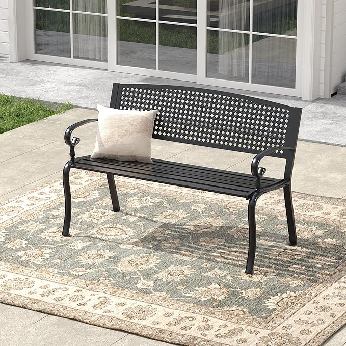 Outdoor Bench, 50.4" Patio Metal Frame Garden Bench with Backrest and Curved Armrests for Lawn Backyard, Black - Photo 1