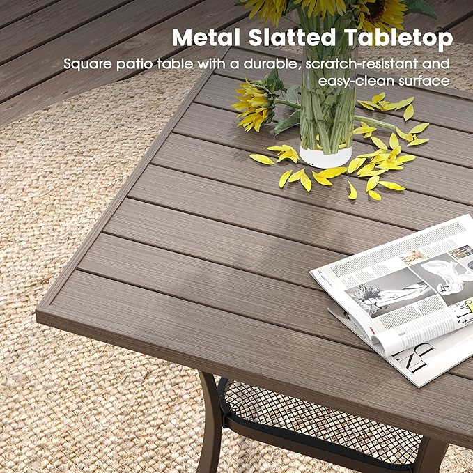 DIFY 27.6" Small Square Outdoor Dining Table for 2, Slatted Metal Patio Table with Storage Shelf, All-Weather Patio Dining Table for Garden Backyard Deck, Grey Wood-Like Tabletop