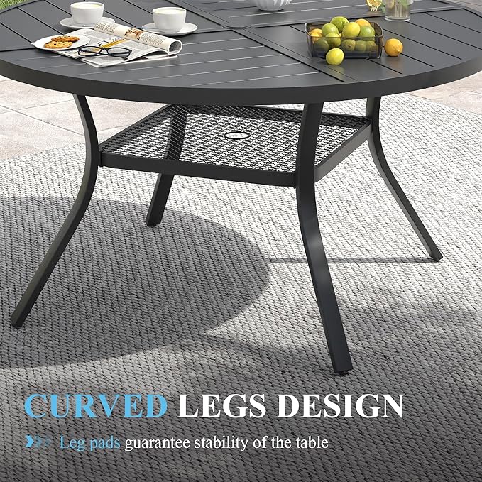 VICLLAX 47.2" Round Patio Table with Umbrella Hole, All Weather Metal Outdoor Dining Table for 6, Outside Table with Storage Shelf for Lawn Garden, Black