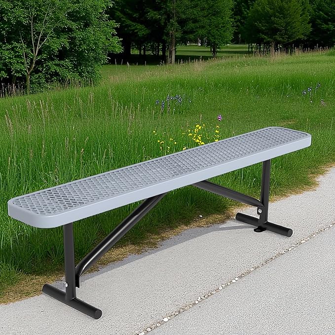 6 Feet Outdoor Steel Bench, Gray Heavy Duty Metal Park Bench for Outside, Weatherproof Dock Bench, 72" L Commercial Benches Mesh Bench for Shopping Mall, Store, Lawn, Park, Patio, Deck, Garden