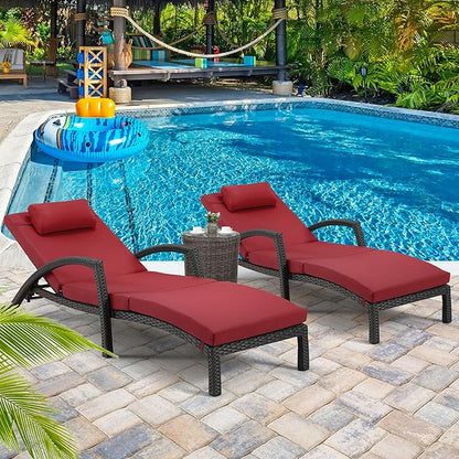 HOMREST Chaise Lounge Chairs Set of 2, PE Rattan Wicker Patio Lounge Chair with Adjustable 5 Position, Arm and Wheels for Poolside Backyard Deck Porch,Wine red
