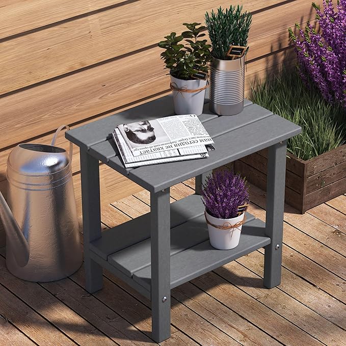 Outdoor Side Table, Weather-Resistant Patio Side Table for Backyard, Pool & Porch, Double Adirondack Durable & Stylish Patio End Table,Grey