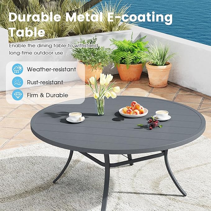 Patio Dining Table for 8-10, Round Metal Outdoor Table with 1.57" Umbrella Hole, 60" Outdoor Slat Tabletop Dining Table for Backyard, Porch, Lawn, Dark Grey
