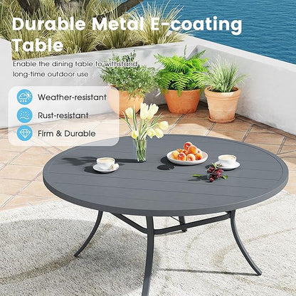 Patio Dining Table for 8-10, Round Metal Outdoor Table with 1.57" Umbrella Hole, 60" Outdoor Slat Tabletop Dining Table for Backyard, Porch, Lawn, Dark Grey