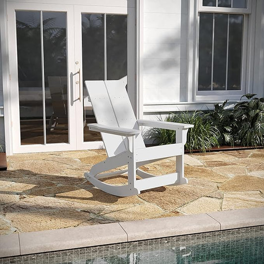 Taylor & Logan Finn Modern All-Weather 2-Slat Poly Resin Wood Rocking Adirondack Chair with Rust Resistant Stainless Steel Hardware in White