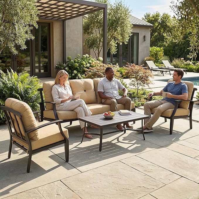 NUU GARDEN 4-Piece Outdoor Patio Sofa Set, Aluminum Conversation Set with Zippered Cushions and Coffee Table, Perfect for Porch, Garden, Backyard, Balcony, or Poolside, Ginger