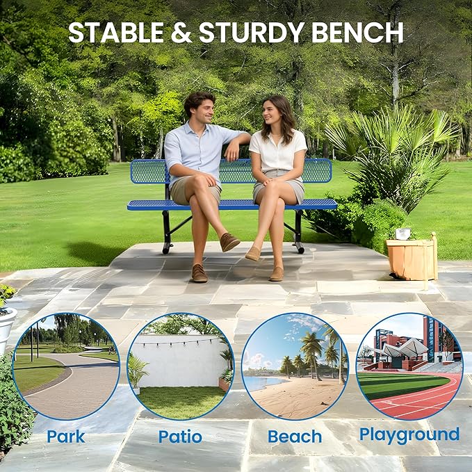 8 Feet Steel Park Bench for Outside, Outdoor Bench with Backrest & Portable Frame, Commercial Benches for Shopping Malls, Stores, Parks, Patios, Decks, Dark Blue