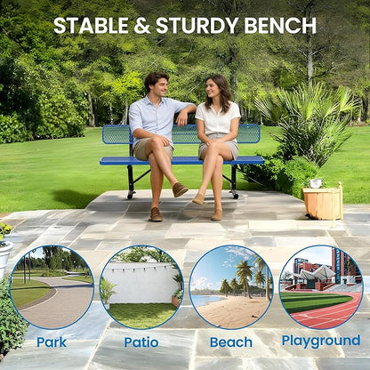 8 Feet Steel Park Bench for Outside, Outdoor Bench with Backrest & Portable Frame, Commercial Benches for Shopping Malls, Stores, Parks, Patios, Decks, Dark Blue