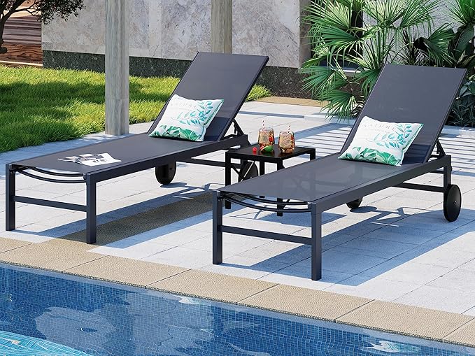SUNLEI Lounge Chair for Outside Set of 2, Patio Chaise Lounge Outdoor w/ 5-Position Adjustable Backrest, Movable Pool Recliner Lounge Chairs, Tanning Chair for Patio, Charcoal Gray