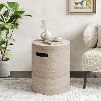Christopher Knight Home Jaym 18.5" H Indoor Outdoor Accent Side Table, Patio Decorative End Table, Round Lightweight Concrete Garden Stool for Patio Balcony & Garden Decor, Travertine