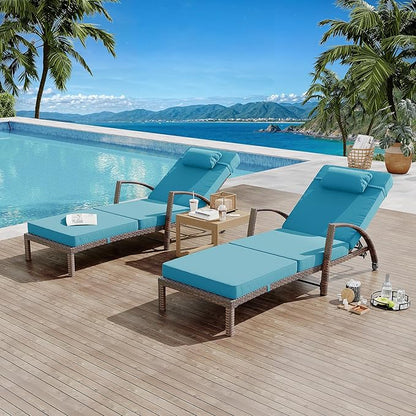 GarveeLife 2-Piece Rattan Patio Folding Chaise Lounge, 5-Position Adjustable Backrest Outdoor Lounge Chair with Cushion and Pillow for Poolside, Backyard, Deck, Porch, Peacock Blue