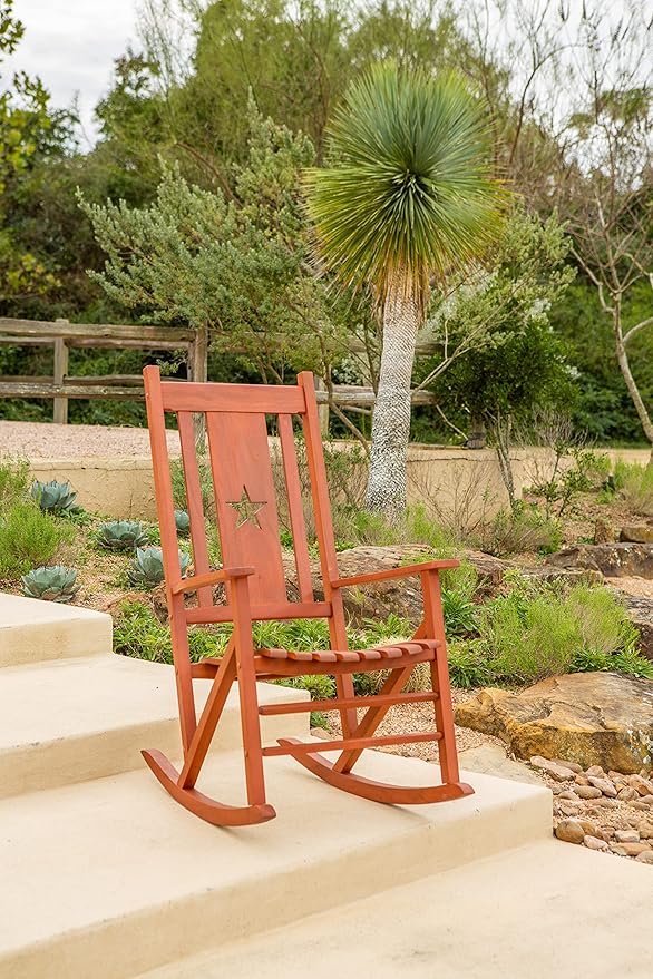 Leigh Country Heartland Rocker with Star Cutout, Natural Finish, Wooden Outdoor Seating for Porch/Patio/Deck