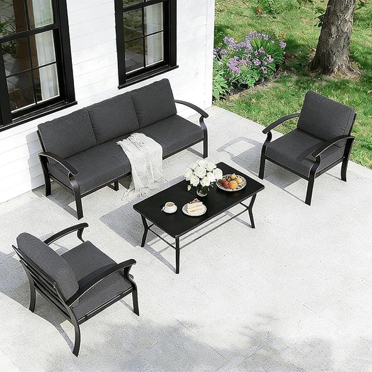 Gotland Aluminum Patio Furniture Set with Rectangular Coffee Table, Metal Patio Furniture with 5 Seats Waterproof 5.1'' Seat Cushions, Outdoor Sectional Patio Conversation Sets for Balcony Black