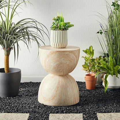 Glitzhome Outdoor Side Table Set of 2, 17.75" H Decorative Garden Stool MGO Hourglass Faux Terrazzo End Table, Round Planter Stand for Indoor Outdoor Living Room Bedroom Patio Deck Poolside