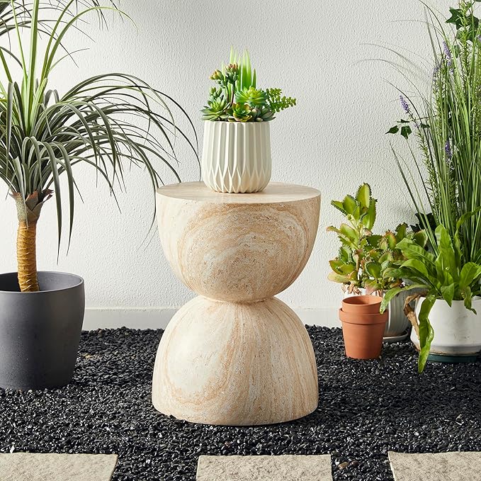 Glitzhome Outdoor Side Table, 17.75" H Decorative Garden Stool MGO Hourglass Faux Terrazzo End Table, Round Planter Stand for Indoor Outdoor Living Room Bedroom Patio Deck Poolside