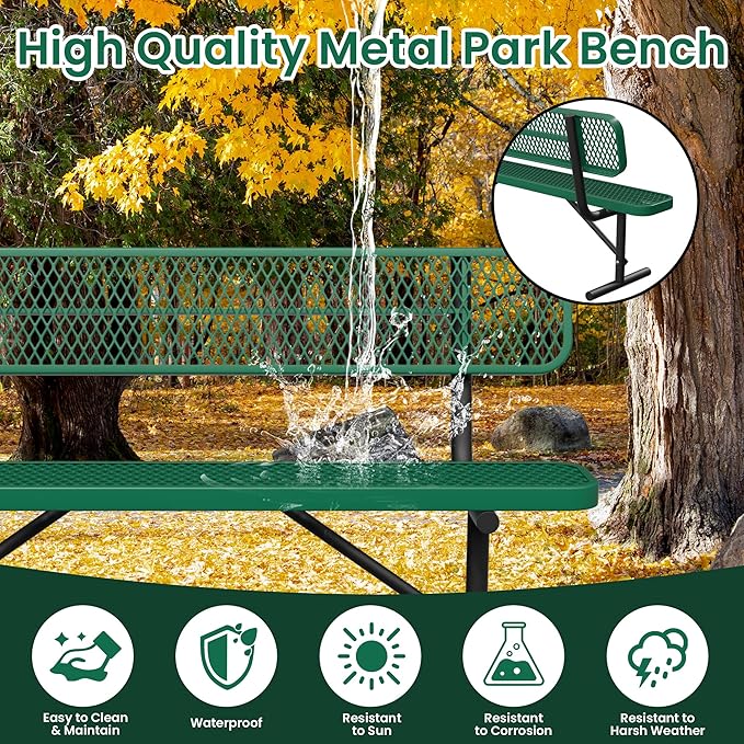 Heavy Duty Park Bench with Back Portable Frame, Outdoor Steel Bench with Backrest, Outdoor Park Bench Expanded Metal Mesh Bench for Lawn, Park, Deck, Garden, Patio, Porch, Black (Green, 6FT)