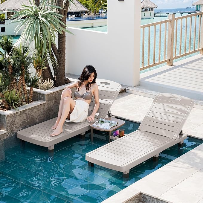 WACASA Outdoor Chaise Lounge Chairs Set of 4, Oversized Lounge Chairs with 5-Level Adjustable Backrest & Cup Holder, Resin Waterproof Pool Lounge Chair for Poolside, Patio, Beach, Yard, Gray