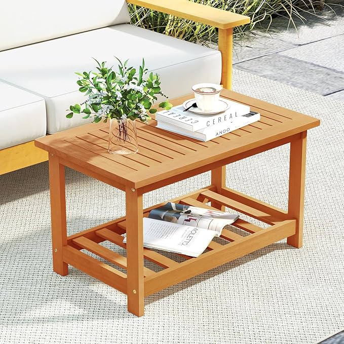 RELAX4LIFE 2-Tier Outdoor Coffee Table - Acacia Wood Rectangular Patio Center Table w/Slatted Tabletop & Storage Shelf - Photo 2