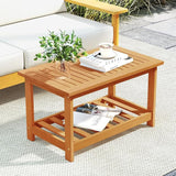 RELAX4LIFE 2-Tier Outdoor Coffee Table - Acacia Wood Rectangular Patio Center Table w/Slatted Tabletop & Storage Shelf - Photo 2