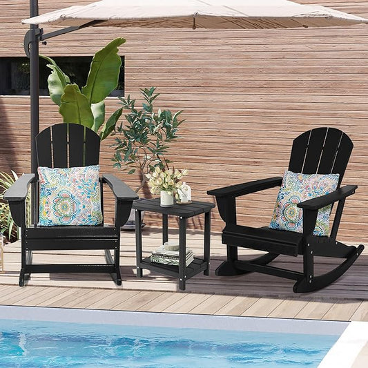 Sundale Outdoor Rocking Chair with Pillow, Patio Plastic All Weather Adirondack Rocker for Proch, Water Resistant for Outside, Garden, Pool, Yard, Black