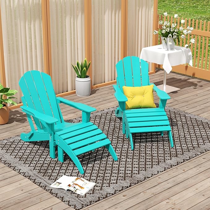 WO Home Furniture Adirondack Chair Outdoor Ottoman Set of 2 PCS Classic Patio Furniture (Turquoise)