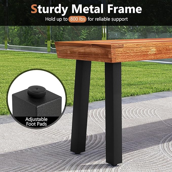 COSTWAY Set of 2 Outdoor Acacia Wood Benches, 2-3 People Backless Garden Benches with Metal Frame for Patio, Deck - Photo 4
