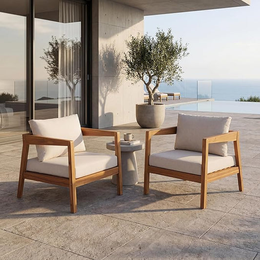 Merax 2 Set 25" Acacia Solid Wood Outdoor Lounge Chair, Teak Finish Frame with Light Grey Cushion, Patio & Garden Chair, Teak+Beige