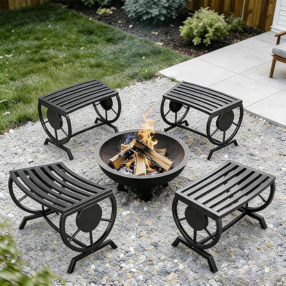 Outdoor Bench Patio Outdoor Garden Bench with Built-in Table, Wagon Wheel Arms, 3 People Outdoor Bench Garden Bench Front Porch Furniture (Black-22.83inch-4Pieces)