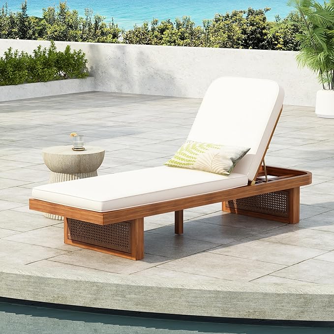 Merax Acacia Wood Chaise Lounge Chair Outdoor, Patio Recliner with Adjustable Backrest and PE Rattan Design - Photo 1