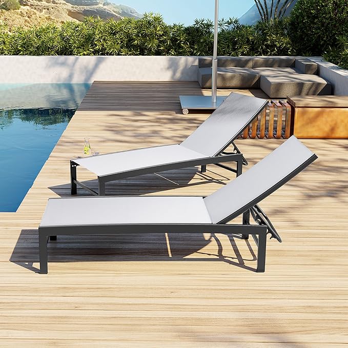 Patio Aluminum Chaise Lounge Chair, Set of 2 Outdoor Recliner Lounge Chair Sun Loungers, All Weather Chaise with 5 Adjustable Backrest and Lay Flat Positions for Garden, Balcony, Pool